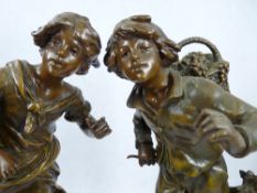 FRENCH CAST SPELTRE FIGURINES, A PAIR - signed Moreau, young girl and boy fruit gatherers on