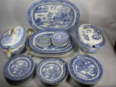 MIXED PEARLWARE & LATER WILLOW PATTERN PART DINNER SERVICE/DRESSER SET - 40 plus pieces by maker's