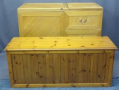 MODERN OAK FRONTED WORKSTATION and a reproduction pine blanket chest, the multifunctional work