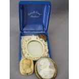 SHELL CARVED CAMEO IN GILT METAL MOUNT, bone carved brooch, possibly Napoleon, and a carved ivory