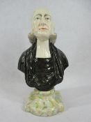 STAFFORDSHIRE PEARL WARE POTTERY BUST OF JOHN WESLEY - on a marbled effect base, 30cms H