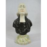 STAFFORDSHIRE PEARL WARE POTTERY BUST OF JOHN WESLEY - on a marbled effect base, 30cms H