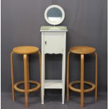 VINTAGE PAINTED SHAVING STAND and two Alvar Aalto type bentwood stools, the stand having circular