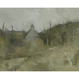 GORDON STUART acrylic - landscape with gable end of house, 18 x 22cms NB: Located for viewing /