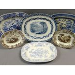 SIX VARIOUS TRANSFER POTTERY PLATTERS including small Ynysmeudwy Pottery brown transfer platter with