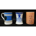 THREE LLANELLY MUGS including a mocha ware pint measure, decorated with sponged trees to coloured