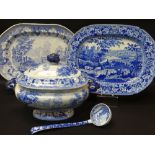 CAMBRIAN POTTERY 'COWS CROSSING STREAM' PLATTER, TUREEN & LADLE in blue and white transfer, the