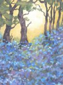 STEPHEN JOHN OWEN mixed media - tree scape sunset with large foreground bed of blue flowers,