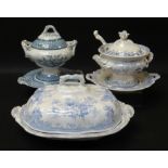 THREE VARIOUS LLANELLY POTTERY TUREENS including two soup tureens, each in blue and white