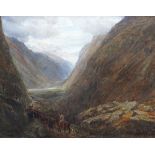CHARLES THOMAS BURT oil on canvas - dramatic Welsh landscape with drovers on horse and foot moving