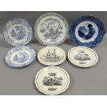 SEVEN VARIOUS WELSH POTTERY PLATES including Dillwyn & Co 'Ship Plate', two similar black transfer