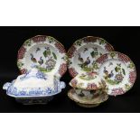 YNYSMEUDWY POTTERY DINNERWARE IN THE 'ORIENTAL BIRDS' PATTERN comprising blue and white tureen and