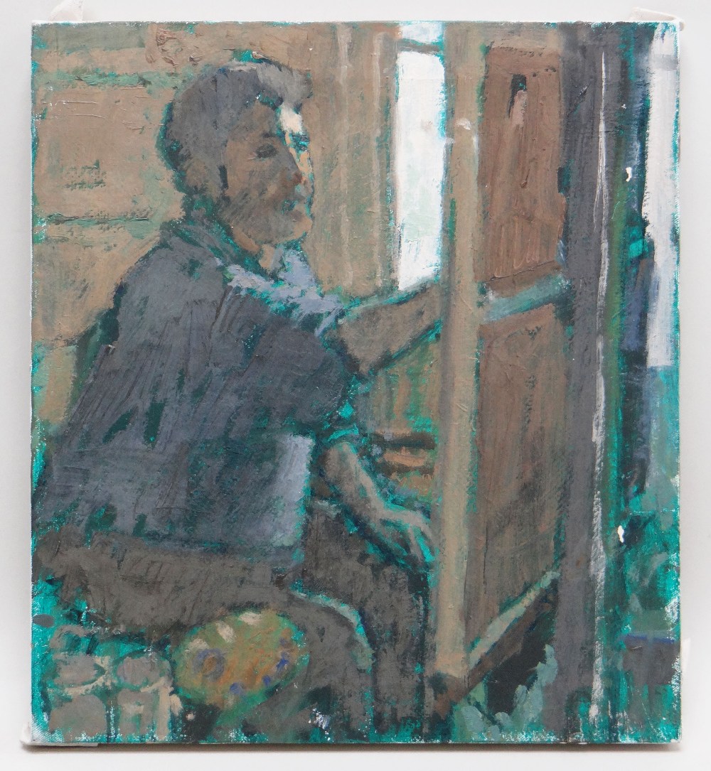 GORDON STUART oil on canvas - portrait of an artist working at an easel, 40 x 37cms NB: Located