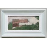 GORDON STUART oil on board - entitled verso 'Welsh Barns', signed, 17 x 37cms NB: Located for