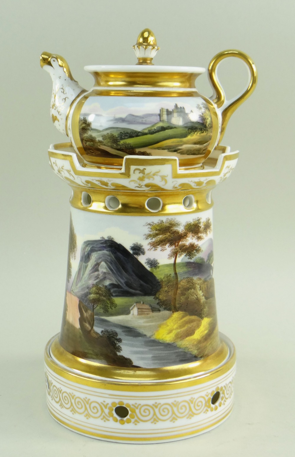 A WELSH LANDSCAPE ENGLISH PORCELAIN VEILLEUSE (tea-pot and warming stand) comprising miniature - Image 3 of 19