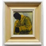 JAMES DONOVAN oil on board - man wearing yellow jacket, 17 x 14cms NB: Located for viewing /