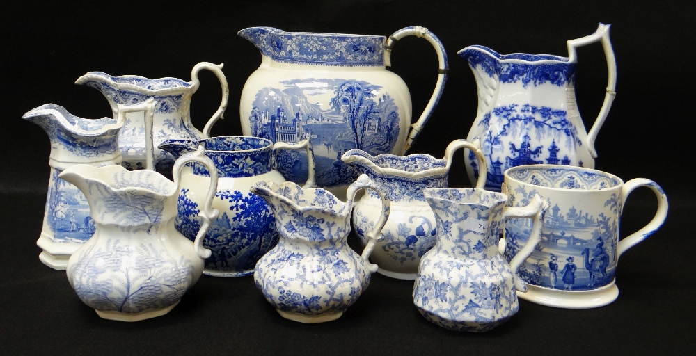 GROUP OF TEN SWANSEA POTTERY BLUE & WHITE TRANSFER JUGS including large 'Milan' transfer jug,