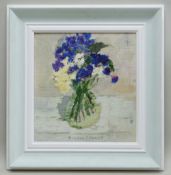 GORDON STUART acrylic - still life of blue flowers with green leaves, 28 x 34cms NB: Located for