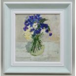 GORDON STUART acrylic - still life of blue flowers with green leaves, 28 x 34cms NB: Located for