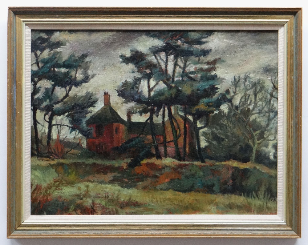 CYNTHIA GRIFFITHS oil on board - landscape with house and trees, entitled verso 'Old House at