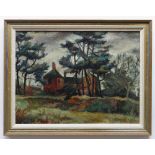 CYNTHIA GRIFFITHS oil on board - landscape with house and trees, entitled verso 'Old House at