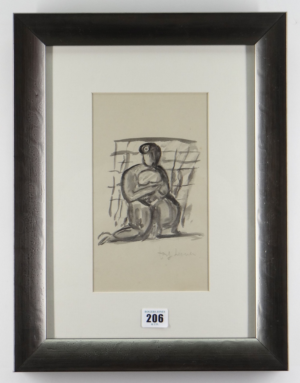 JOSEF HERMAN OBE RA inkwash - seated figure cradling infant, signed, 24 x 13.5cms Provenance: - Image 2 of 2