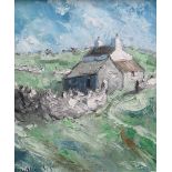 WYN HUGHES oil on board - whitewashed cottage, entitled verso 'Cae Bach', signed, 30 x 24cms