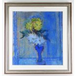 GORDON STUART oil on canvas - still life of flowers in a blue vase, signed and dated 2011, 38 x