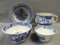 FOUR ITEMS OF WELSH BLUE & WHITE TRANSFER POTTERY including chamber-pot, 'Cows Crossing Stream'