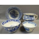 FOUR ITEMS OF WELSH BLUE & WHITE TRANSFER POTTERY including chamber-pot, 'Cows Crossing Stream'