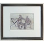 GORDON STUART mixed media - two figures on a bench, signed, 17 x 24cms NB: Located for viewing /
