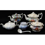 FOUR ANTIQUE WELSH POTTERY TEAPOTS, blue and white transfer, coloured transfer and hand decorated