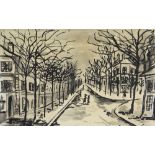 ATTRIBUTED TO JOSEF HERMAN OBE RA inkwash on paper - tree lined street with figures, entitled