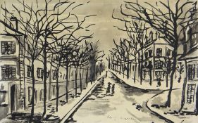 ATTRIBUTED TO JOSEF HERMAN OBE RA inkwash on paper - tree lined street with figures, entitled