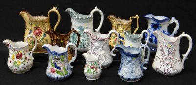 COLLECTION OF YNYSMEUDWY POTTERY JUGS, believed all Ynysmeudwy pottery, moulded and transfer