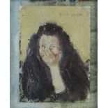 GORDON STUART oil on paper laid to board - head portrait of a girl with hand over mouth, signed,