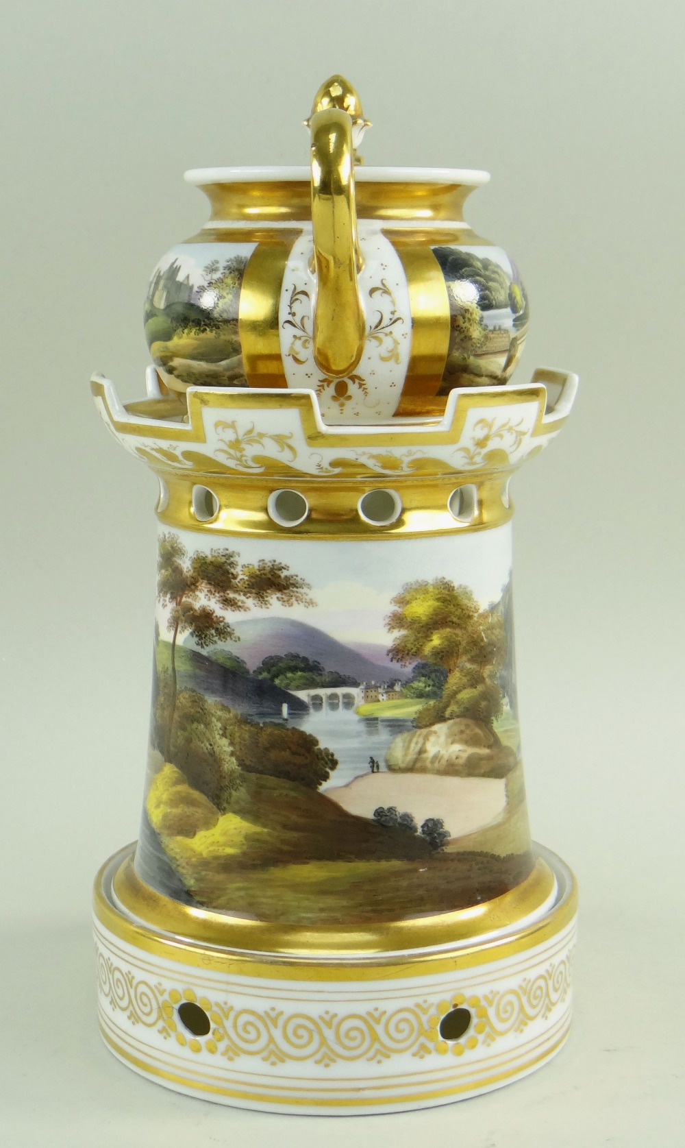 A WELSH LANDSCAPE ENGLISH PORCELAIN VEILLEUSE (tea-pot and warming stand) comprising miniature - Image 4 of 19
