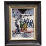 OWEN MEILIR oil on board - figures walking on snowy path, 39 x 29cms NB: Located for viewing /