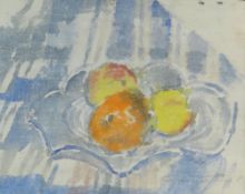 GORDON STUART watercolour on linen - still life, entitled verso 'Fruit in Dish', signed, 25 x