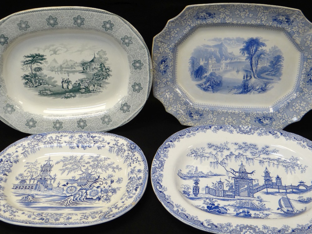 FOUR LLANELLY TRANSFER POTTERY PLATTERS comprising 'Milan', 'Sirius' (with merchant's stamp for F