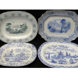 FOUR LLANELLY TRANSFER POTTERY PLATTERS comprising 'Milan', 'Sirius' (with merchant's stamp for F