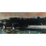 GLYN GRIFFITHS oil on paper / card / board - figures by a river, entitled verso 'On the River',