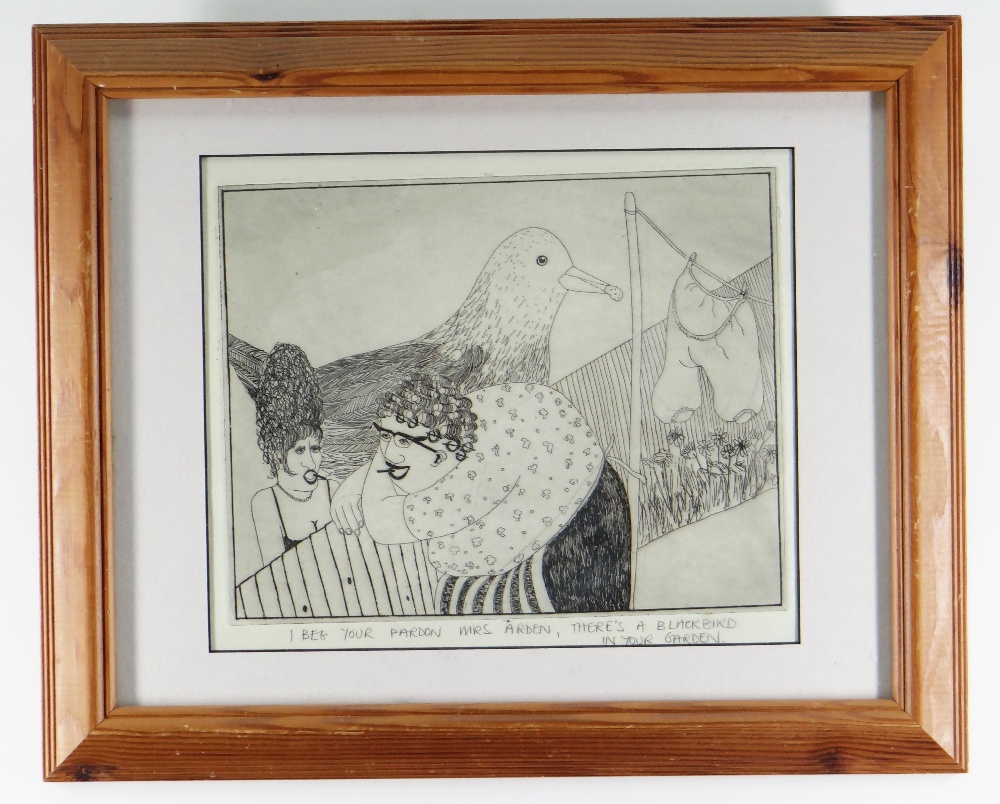 ERICA DABORN unique etching - comical illustration of two figures and a very large bird, title to