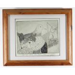 ERICA DABORN unique etching - comical illustration of two figures and a very large bird, title to