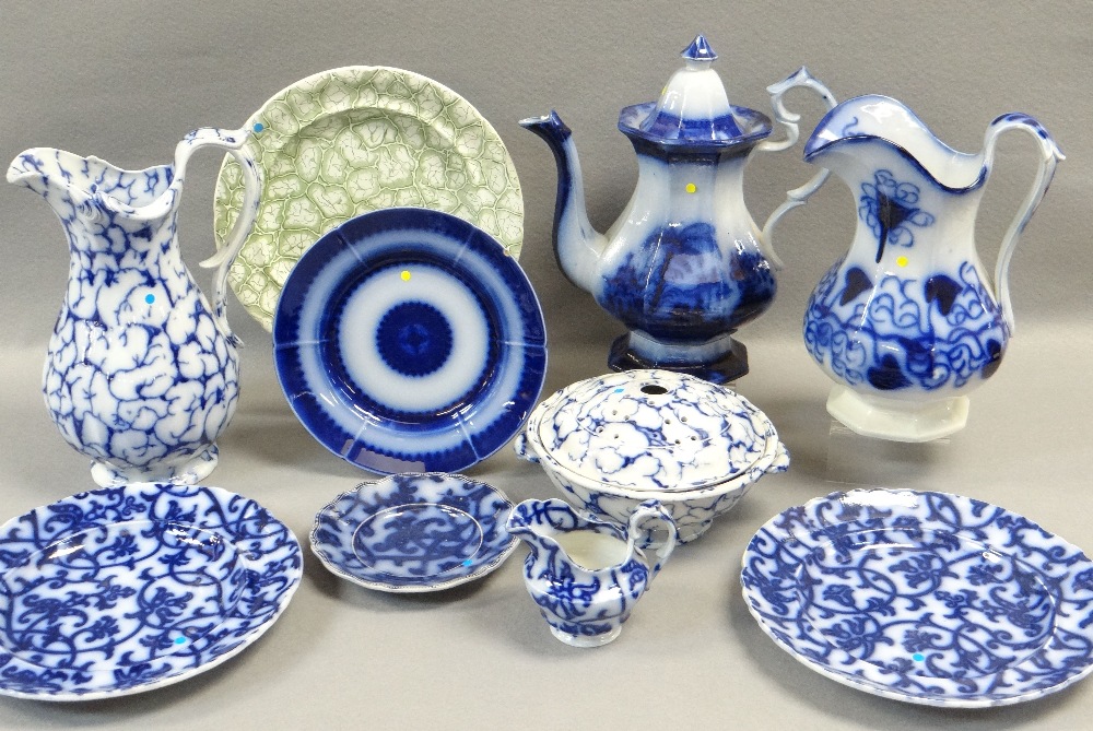 VARIOUS FLOW-BLUE BLUE DECORATED WELSH POTTERY including Ynysmeudwy 'Rio' coffee-pot, Cambrian '