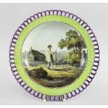 AN UNUSAL PAINTED SWANSEA WICKER BORDER PLATE circa 1820-1830 in typical lime green and purple