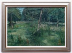 GLYN GRIFFITHS oil on board - entitled verso on Kooywood Gallery label, 'Midsummer Orchard', signed,