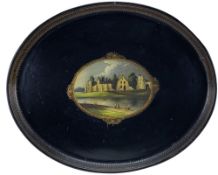 A GOOD EARLY 19TH CENTURY PONTYPOOL WARE OVAL TIN TRAY having a centred painting of a view of 'Neath