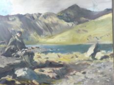 HOWARD MORGAN (b. 1949) oil on canvas - powerful landscape of Llyn Llydaw and Snowdon with seated