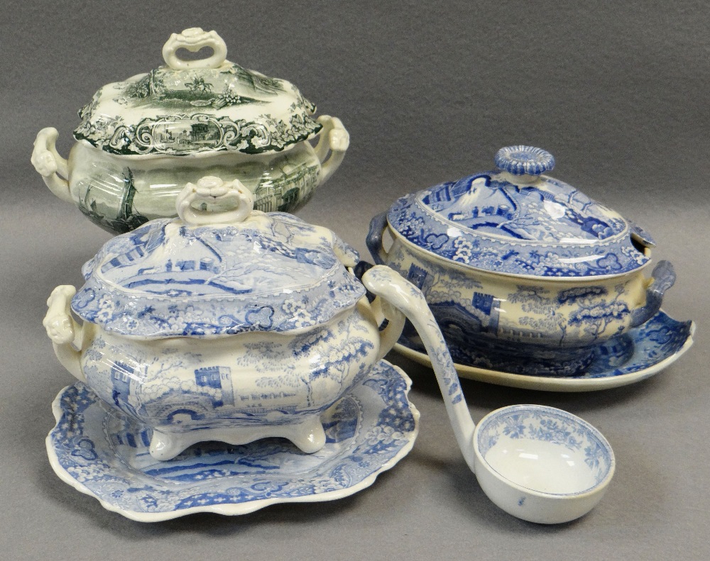 THREE SWANSEA POTTERY SAUCE TUREENS with different transfers Comments: please view in person to